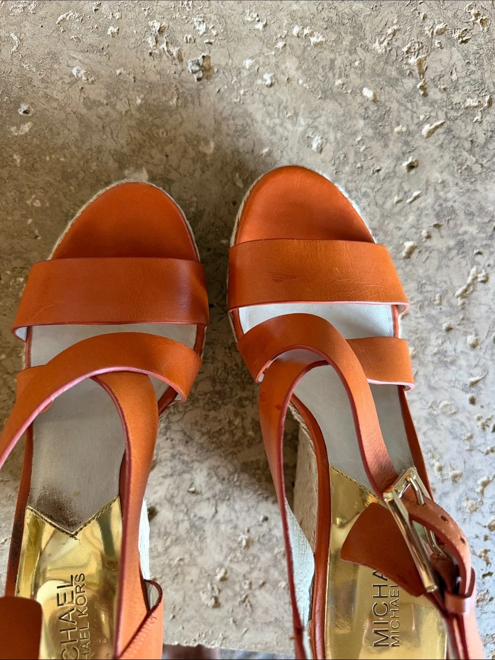 Michael Kors Orange Leather Espadrille Wedge Sandals with Gold Buckle